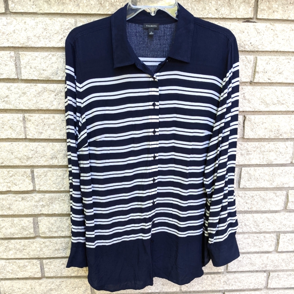 Nautical Talbots Large Navy Blue White Stripe Roll Tab Sleeve Button Up Office
